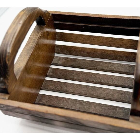 Vintage Wooden Slat Basket w/ Handles Hand Painted Outdoor Farm Scene Dark Wood - Picture 5 of 10